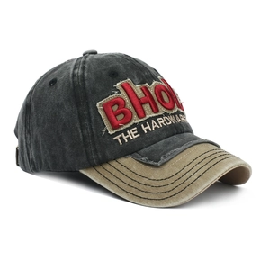 Detail of 3D embroidered letters BHO and hardware patch on vintage washed baseball cap