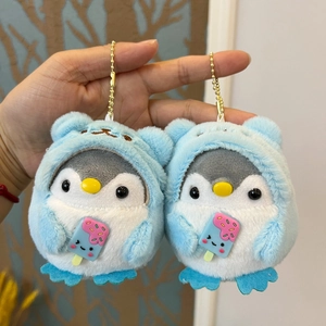 Cute plush penguin keychain set wearing light blue hoodies holding ice cream treats