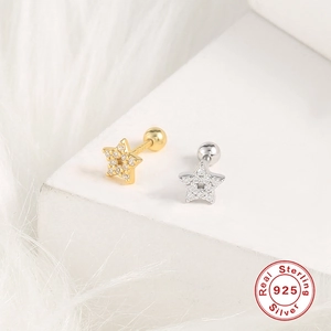 Macro detail of 925 sterling silver star stud earrings with pave zircon and screw backs