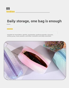 Close-up of chevron-quilted PU leather cosmetic bags in pastel gradient colors with metal zippers