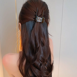 Détail d'une pince à cheveux en écaille foncée fixant un chignon sur un modèle avec lumière