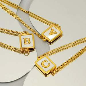French style gold square shell letter bracelet with thick chain and elegant ribbons