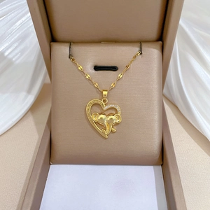 Heart Pendant Necklace Titanium Steel Chain And Copper Zircon Double Elephant I Love You Forever Engraved Elegant Women Gift