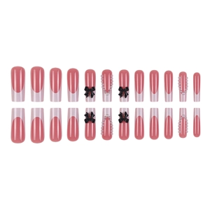 24er Set künstliche Nägel mit rosa French Tips, schwarzen Schleifen und Perlen