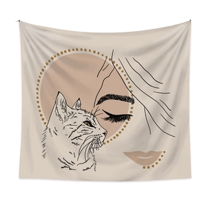 Minimalist line art wall tapestry featuring female and cat silhouettes in beige tones
