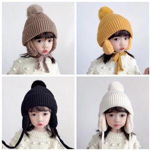 Kids Winter Warm Knit Trapper Hat With Earflaps Pom Pom Fleece Lined Ear Protection Beanie Hat For Boys Girls Toddler