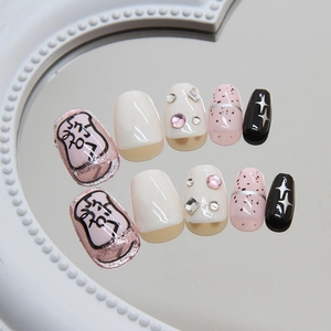 Kit de faux ongles avec paillettes roses, strass et motifs d'étoiles sur miroir blanc