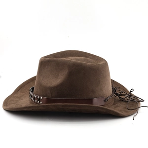 Detail view of dark brown faux suede cowboy hat with studded leather band and woven cord