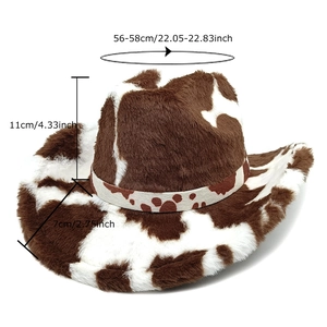 Chapeau de cow-boy en peluche à motif vache marron et blanc pour femmes