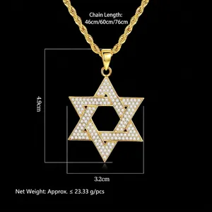 Gold Star of David pendant necklace with iced out crystals and twist chain size details