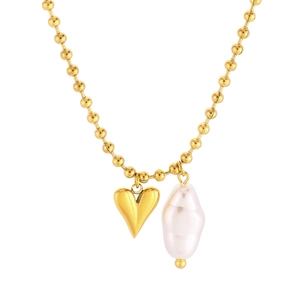 Golden beaded necklace featuring a 3D heart pendant and baroque pearl on white background