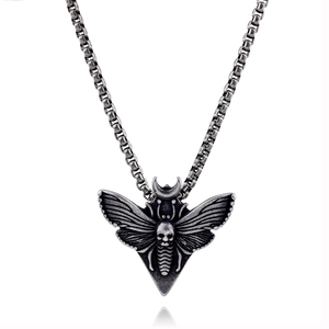 Retro silver biker necklace featuring a skull and moth steel pendant on a box chain