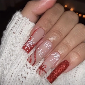 Unghie Finte a Bara Lunga di Natale Rosso Bianco Glitter Fiocco di Neve HO HO a Righe Opache per Donna Manicure Festa Festiva
