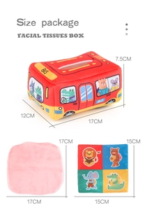 Detail of red plush bus tissue box toy with colorful cartoon animal print scarves