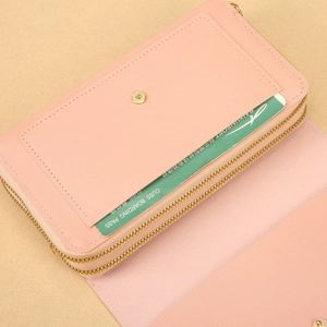Cross-grain pink leather multi-functional crossbody phone bag with double zippers