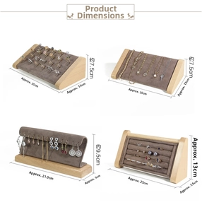 Solid wood jewelry display stand set with grey velvet texture and size dimensions
