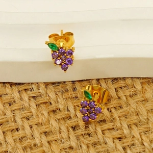 Elegant 18K gold-plated titanium steel grape earrings with purple and green crystals