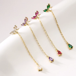 18K gold-plated tassel earrings with butterfly motifs and colorful teardrop zircons