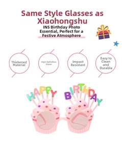 Pink cupcake birthday party glasses with rainbow Happy Birthday letters decoration