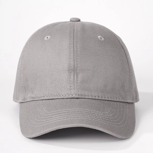 Detailed view of grey cotton baseball cap with six-panel structure and curved brim design