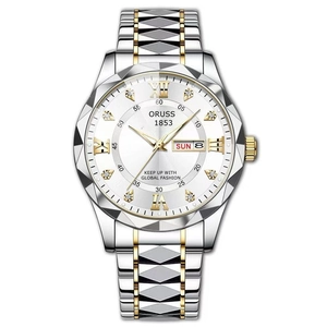 ORUSS men's quartz watch with white dial, luminous gold hands and two-tone steel band