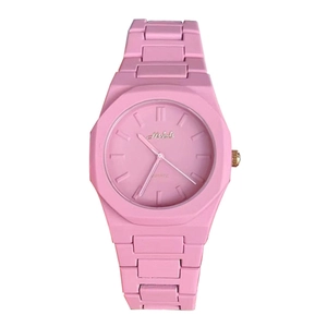 Pink octagonal women's quartz watch with matching silicone chain strap on white background