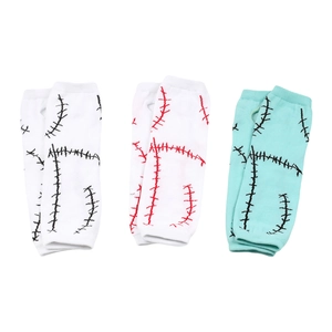 Detailed view of Sally cosplay knit arm warmers with stitch patterns in blue and white
