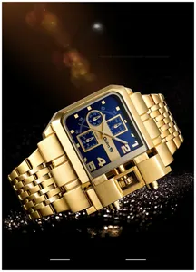 Detail of Oulm gold square watch with blue dial and steel strap on black luxury background