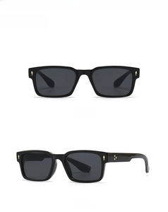 Front and side view of classic black square sunglasses with gold arrow rivets details