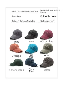Nine vintage baseball cap colors with embroidery details and measurement specifications