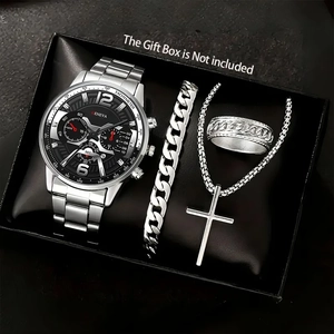 Business men's watch set with silver steel strap, cuban bracelet, cross necklace and ring