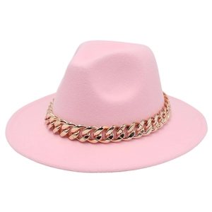 Detailed view of pink wool fedora hat featuring a stylish bold gold acrylic chain link