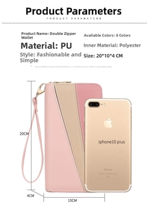 Size comparison of pink and beige double zipper long wallet with a mobile phone