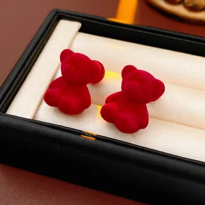 Cute Red Flocking Bear Stud Earrings With 925 Sterling Silver Earring Post Unique Velvet Animal Design For Women