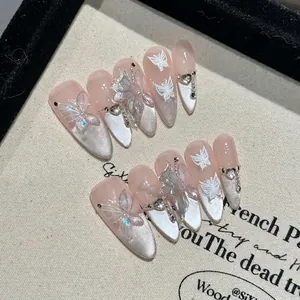 Handmade Almond Press On Nails Butterfly Rhinestone Artificial Pearl Cat Eye Gradient Nude Pink French Style Long Wearable Manicure