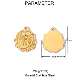 Detail view of 21x18mm gold rose flower pendant in stainless steel with dimensions