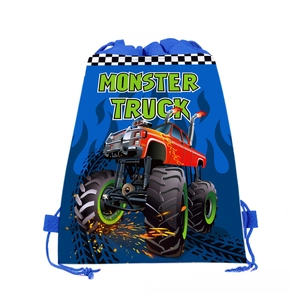 Detail of blue monster truck drawstring bag with durable fabric texture and vibrant print