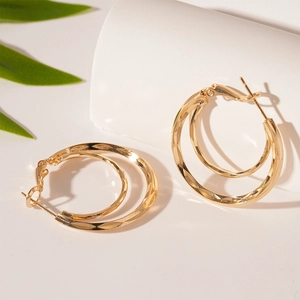 Layered Hoop Earrings Gold Plated Geometric Nested Iron Design With Silver Earring Post Minimalist Fashion Jewelry For Women