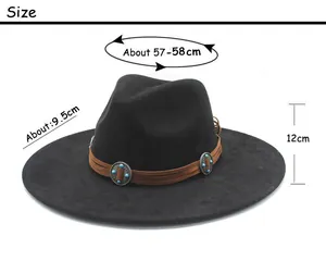 Size chart showing circumference 57-58cm, 9.5cm brim, and 12cm height for faux suede fedora