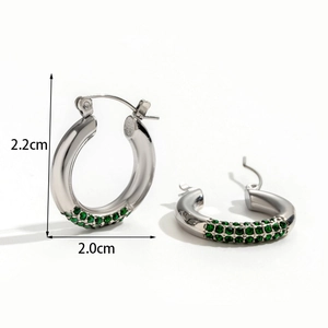 Geometrical stainless steel hoop earrings with double row green crystals, 2.2cm in height
