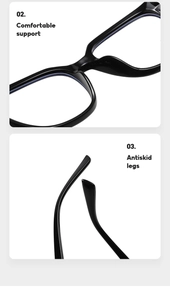 Detail view of comfortable nose pads and antiskid legs on black fashion eyeglasses frame