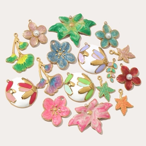 French style pearl flower pendants in stainless steel with colorful enamel leaf charms
