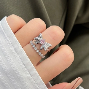 Copper Bowknot Pink Zirconia Open Ring For Women Ins Style Adjustable Silver Color Finger Ring Elegant Jewelry Gift