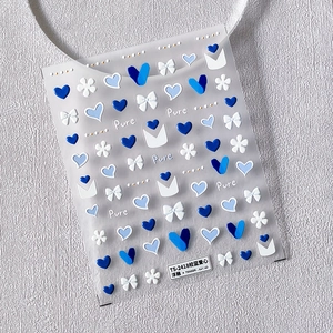 3D embossed nail stickers TS-2418 featuring blue hearts, bows and floral patterns