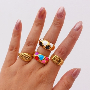 Elegant 18k gold plated enamel heart rings set with vintage minimalist drip oil patterns