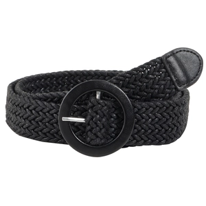 Bohemian black woven belt with a round buckle and leather tips for summer dresses