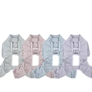 Breathable waterproof summer dog jumpsuits in mint green, pink, blue, and lavender colors
