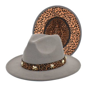 Gray wool felt jazz hat featuring leopard print lining and golden star metal studs