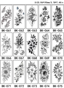 Grid layout of 15 black and white sketch flower tattoo stickers with rose and moon designs