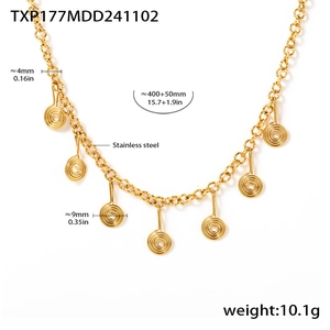 Detailed specs of golden stainless steel necklace with spiral pendants and dimensions